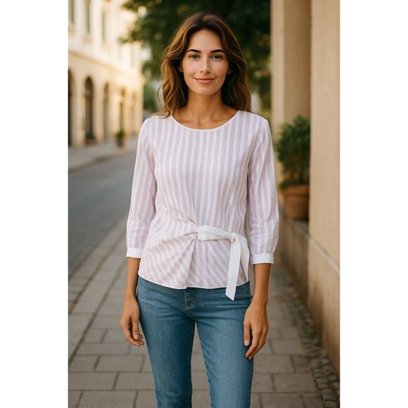 Valentina Kova Gemma Tie Stripe Blouse Japanese Pink White Shirt Size Medium NEW - Picture 1 of 9